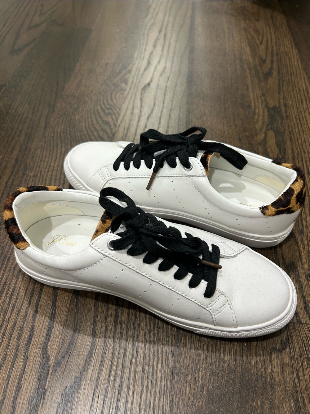 J. Crew White Leather Sneakers with Black Laces and Leopard Heel Tab